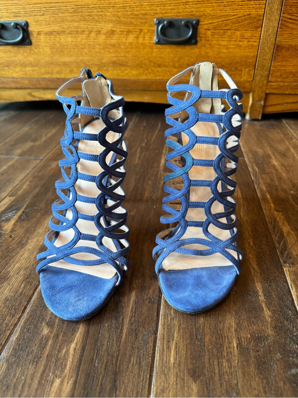 Stuart Weitzman Blue Suede Strappy Cage Stiletto Sandals Heels